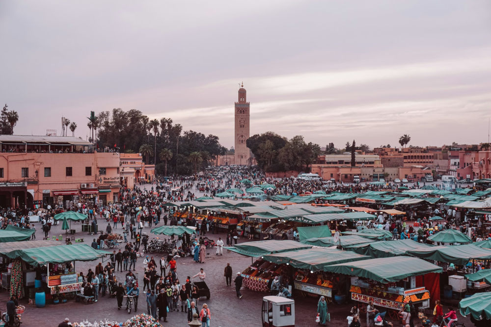 a rooftop picture of Jamaa al-Fnaa Square in Marrakech City