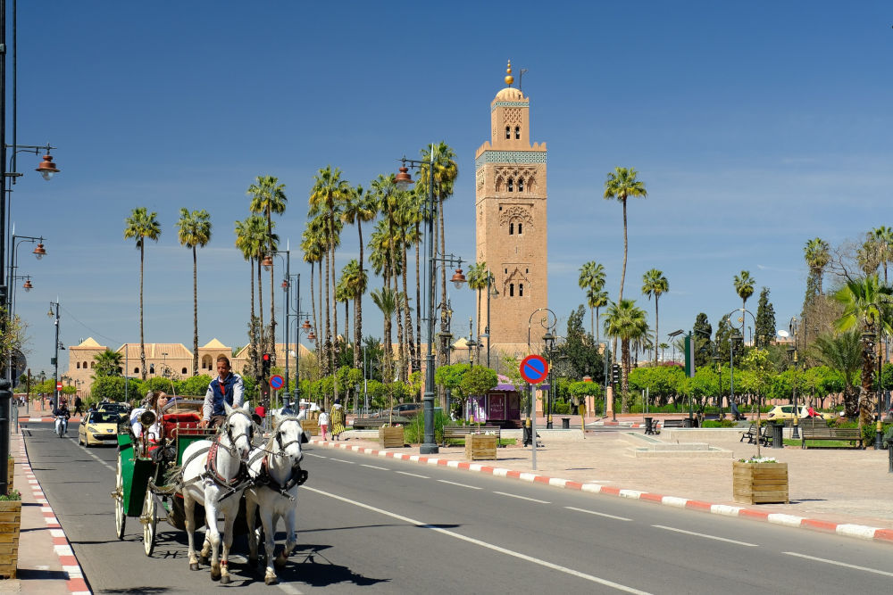 people riding a horse carriage in the streets of Marrakech city with the Koutoubia Mosque and palm trees in the background